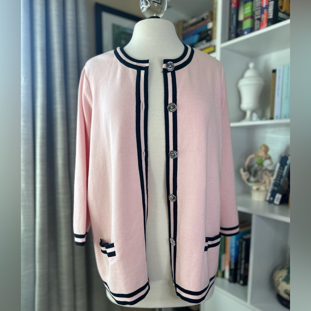 Chaps Pink Cardigan with Navy Accents